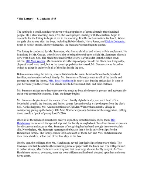 main characters of the lottery|The Lottery Summary .
